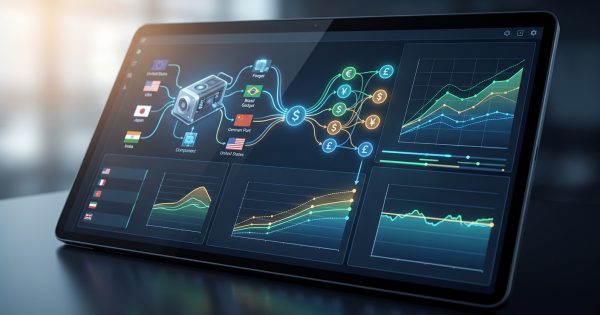 A detailed, close-up photograph of a modern tablet on a dark desk in a dimly lit office. The tablet screen displays a sophisticated, dark-themed business intelligence dashboard. A central diagram visualizes a global supply chain with icons, country flags (like USA and Japan), component labels, and a dollar symbol. Adjacent to it are complex line graphs, including "Final Price" with multiple data lines and currency symbols (€, ¥, £, $), and other panels tracking currency volatility and pricing trends over time. The overall style is high-tech with glowing lines and clear data points.