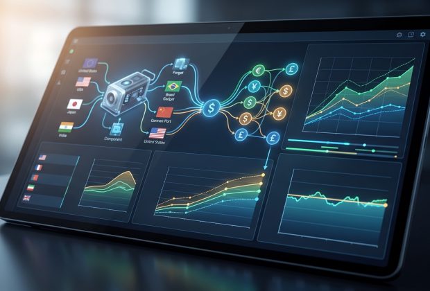 A detailed, close-up photograph of a modern tablet on a dark desk in a dimly lit office. The tablet screen displays a sophisticated, dark-themed business intelligence dashboard. A central diagram visualizes a global supply chain with icons, country flags (like USA and Japan), component labels, and a dollar symbol. Adjacent to it are complex line graphs, including "Final Price" with multiple data lines and currency symbols (€, ¥, £, $), and other panels tracking currency volatility and pricing trends over time. The overall style is high-tech with glowing lines and clear data points.