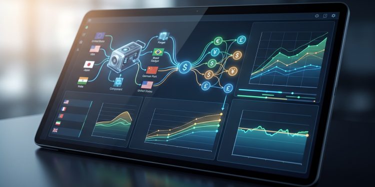 A detailed, close-up photograph of a modern tablet on a dark desk in a dimly lit office. The tablet screen displays a sophisticated, dark-themed business intelligence dashboard. A central diagram visualizes a global supply chain with icons, country flags (like USA and Japan), component labels, and a dollar symbol. Adjacent to it are complex line graphs, including "Final Price" with multiple data lines and currency symbols (€, ¥, £, $), and other panels tracking currency volatility and pricing trends over time. The overall style is high-tech with glowing lines and clear data points.