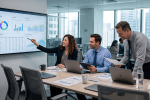 A woman points to a data dashboard displayed on a large screen during a presentation with two male colleagues in a modern office conference room with a city view.