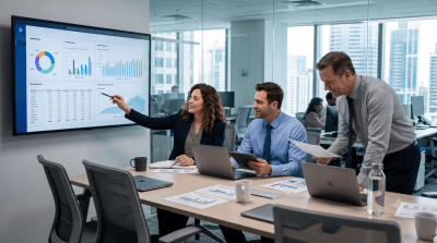 A woman points to a data dashboard displayed on a large screen during a presentation with two male colleagues in a modern office conference room with a city view.
