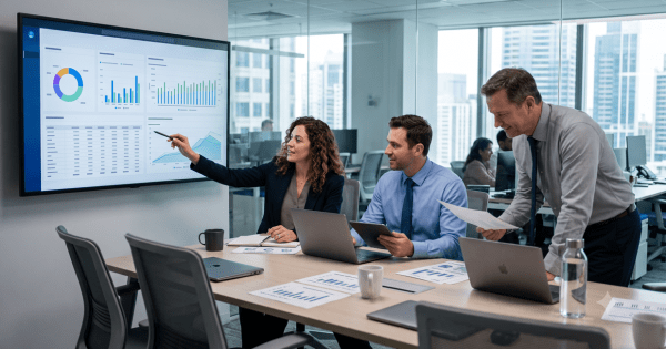 A woman points to a data dashboard displayed on a large screen during a presentation with two male colleagues in a modern office conference room with a city view.