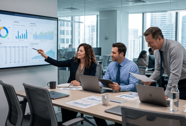 A woman points to a data dashboard displayed on a large screen during a presentation with two male colleagues in a modern office conference room with a city view.