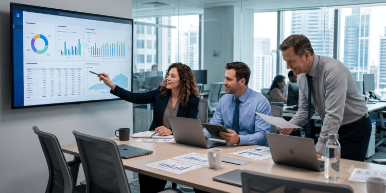 A woman points to a data dashboard displayed on a large screen during a presentation with two male colleagues in a modern office conference room with a city view.